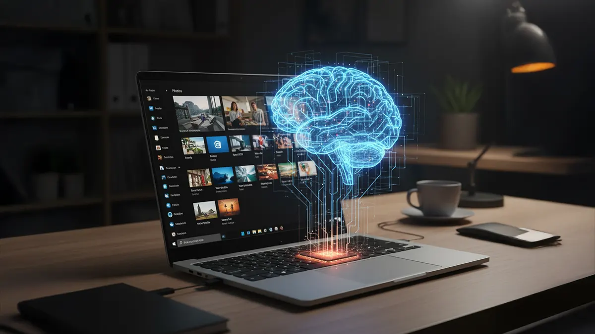 Ein Microsoft Laptop mit KI Gehirn und Fotos